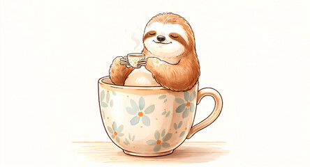 Naklejka premium Cute Sloth Relaxing inside Large Floral Teacup Drinking Hot Tea Watercolor Illustration