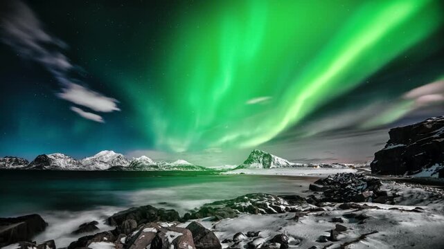 Magical aurora borealis timelapse of green dancing light in starry night sky, aurora borealis corona phenomenon high in the sky, aurora borealis northen light in sweden, Kiruna, over Arctic circle
