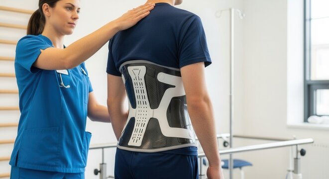 Physical therapist helps patient with back brace during rehabilitation in a clinic.