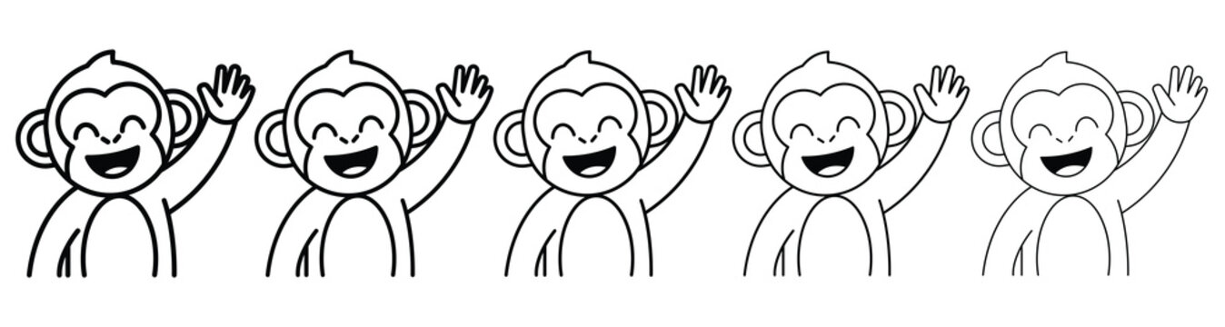 Adorable happy monkey character waving hand vector outline illustration for coloring book.