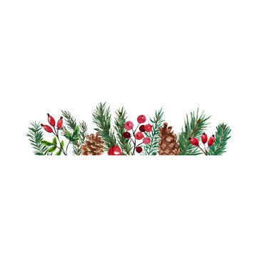 Christmas Evergreen Border with Pine Branches, Red Berries and Pine Cones
