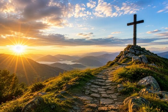 Wooden Christian Cross on Mountain Trail at Sunrise
