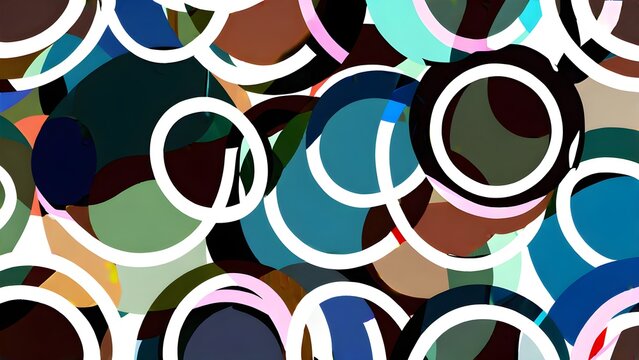 Vibrant abstract pattern with overlapping colorful circles and white rings. Dynamic geometric background texture.