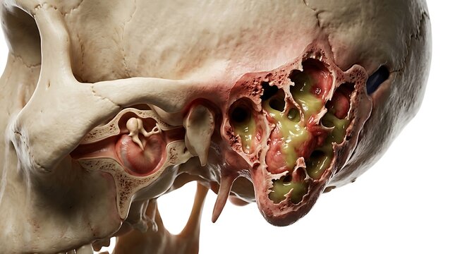 Anatomical 3D render of a human skull with a cutout view of the mastoid process showing advanced infection with yellowish pus filling the air cells, representing a medical case of mastoiditis.