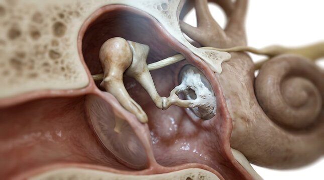 Detailed 3D medical render of the middle ear anatomy showing otosclerosis with abnormal bone growth around the stapes footplate, illustrating the cause of conductive hearing loss pathology.