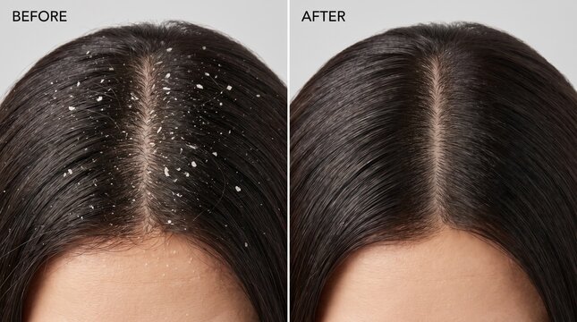Close up showing effective dandruff treatment with flaky scalp before and clean healthy scalp after.