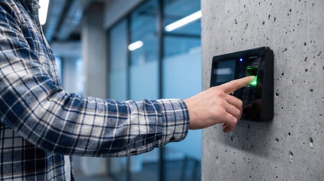 Man scanning his fingerprint on a biometric access control system installed on a concrete wall in a modern office.