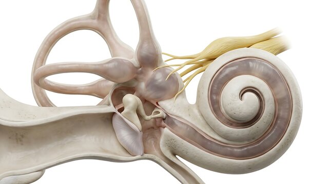 3D anatomical model of the inner ear featuring the spiral cochlea, semicircular canals for balance, and auditory nerve pathways, isolated on a white background for professional medical education.