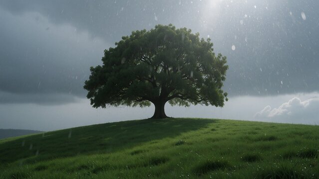 Solitary Ash Tree on a Green Irish Hill in Drizzle