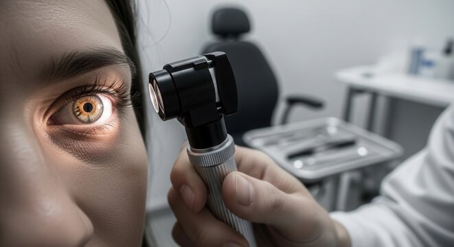 Ophthalmologist examining patient's eye with ophthalmoscope in a modern clinic