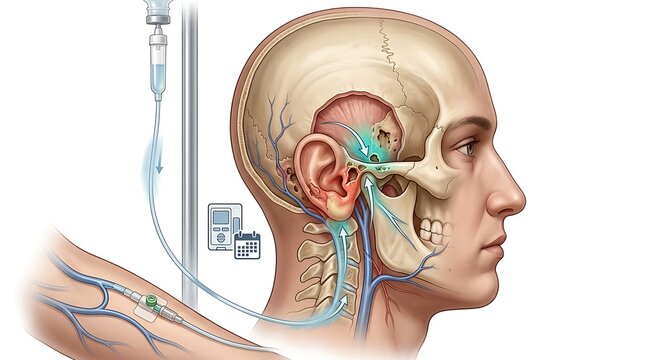 Medical diagram of systemic drug delivery showing an intravenous line in the arm transporting medication through the bloodstream to an infected area of the head and ear cross section.