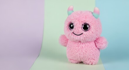 Fototapeta premium A cute pink fluffy monster plush toy with big sparkly eyes and small horns standing on a pastel background.