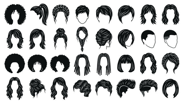 Detailed collection of diverse black hairstyle vector graphic icons showing various trendy haircuts and styles