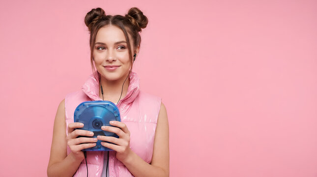 Woman holding blue portable CD player against pink wall.