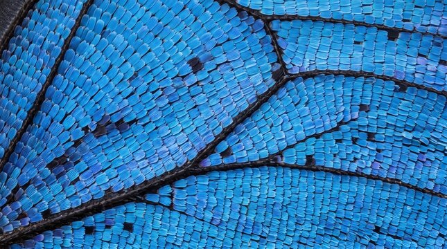 Detailed Macro of Vibrant Blue Morpho Butterfly Wing Scales and Veins
