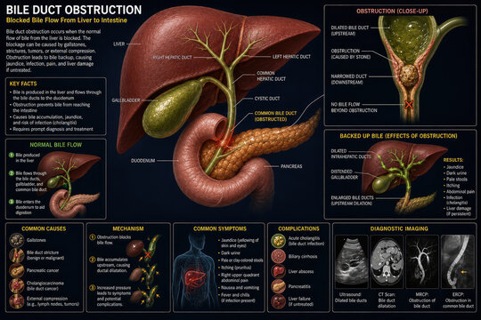 Bile Duct Obstruction Medical Infographic with Causes, Symptoms and Diagnosis