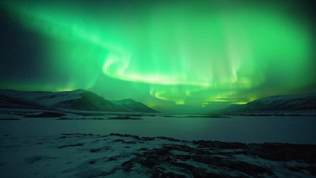 Strong bright Aurora Borealis snow covered lava field mountains, Breathtaking View Of Aurora Borealis, Aurora borealis stretches across the night sky over snowy Finland beneath bright stars,