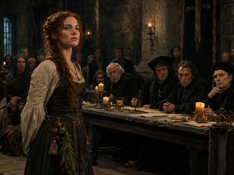 Accused Woman Before Medieval Tribunal in Historical Witch Trial Scene