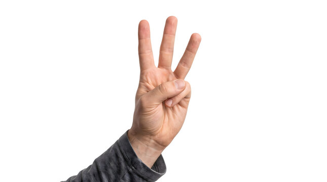 A human hand showing three fingers against a white background.