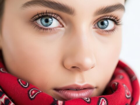 A close-up portrait of a woman with expressive blue eyes