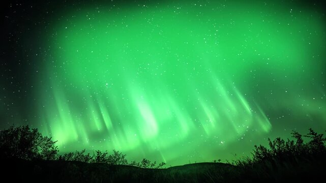 Strong bright Aurora Borealis snow covered lava field mountains, Breathtaking View Of Aurora Borealis, Aurora borealis stretches across the night sky over snowy Finland beneath bright stars,