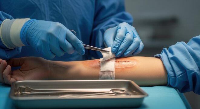 Surgeon's Hands Applying Dressing to Sutured Arm Wound with Medical Instruments