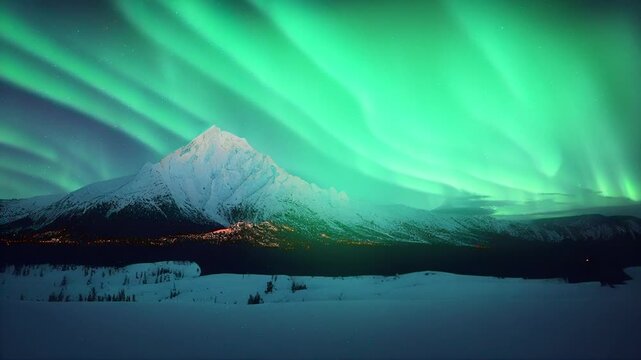 Strong bright Aurora Borealis snow covered lava field mountains, Breathtaking View Of Aurora Borealis, Aurora borealis stretches across the night sky over snowy Finland beneath bright stars,