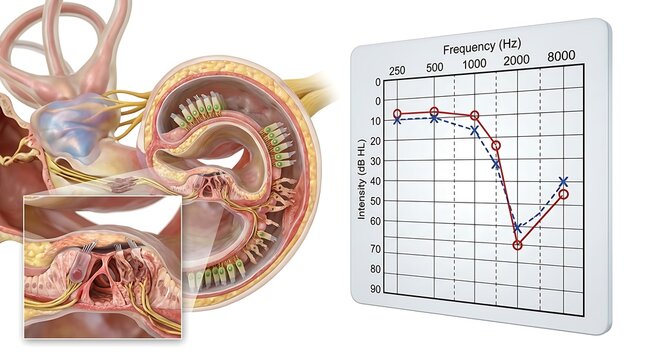 Professional medical illustration of the human inner ear anatomy and a detailed audiogram chart showing hearing intensity and frequency levels with a close-up of the cochlear hair cells