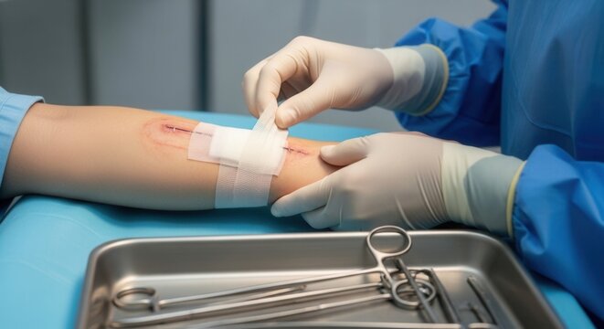Surgeon in sterile gloves and blue gown dresses a surgical wound on a patient's arm with bandages, medical instruments nearby.
