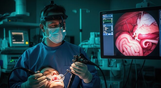 Surgeon performing endoscopic sinus surgery using advanced technology and monitoring vital signs on a screen.