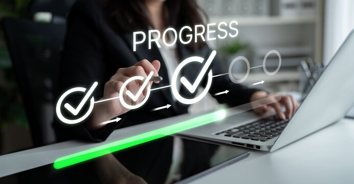 Business Professional Tracking Progress with Checkmarks and Laptop in Modern Office Environment for Growth and Success Visualization. Bitwise.