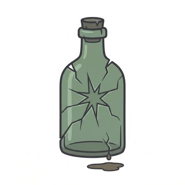 Cracked green glass bottle dripping liquid flat vector game asset