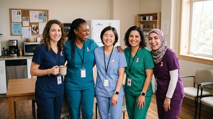 Fototapeta premium Diverse group of smiling female healthcare professionals wearing scrubs and pink ribbons