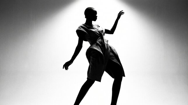 Silhouette of a fashion model in a dramatic avant garde dress posing under a spotlight