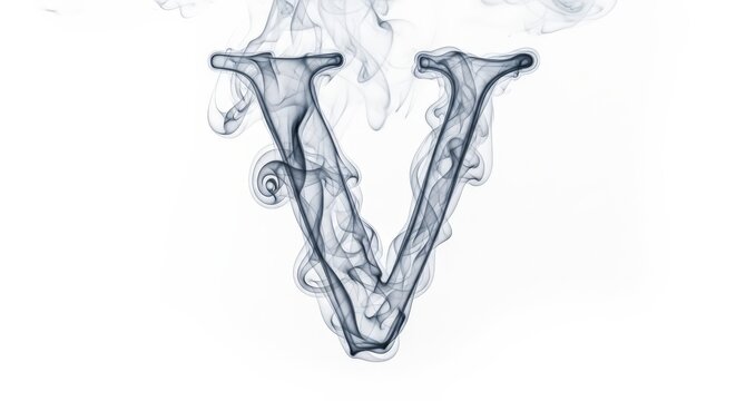 The capital letter V formed from delicate, swirling grey smoke against a clean white background.