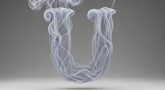 The capital letter U elegantly formed from delicate wisps of white smoke on a gray background.