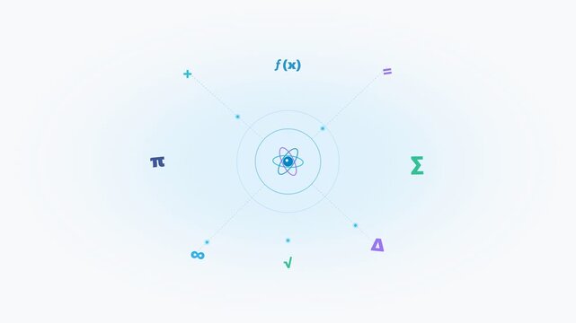 Minimalist motion graphic of rotating math symbols and atomic core. 4K Video