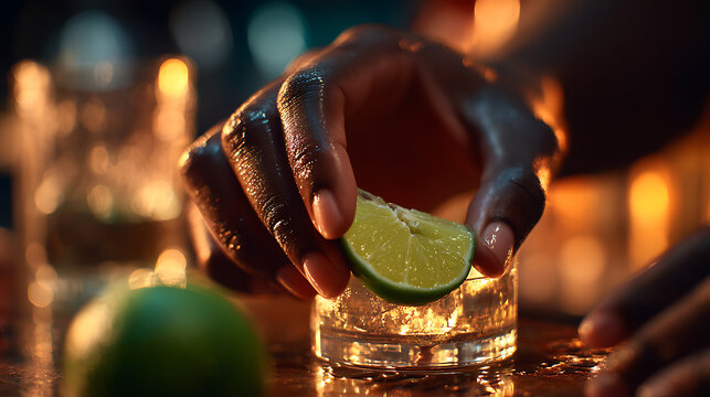 Hands gently rubbing a fresh lime wedge around a blue cocktail rim