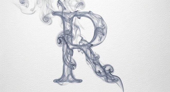 An elegant capital letter R created from intricate swirls of grey smoke on a textured white background.