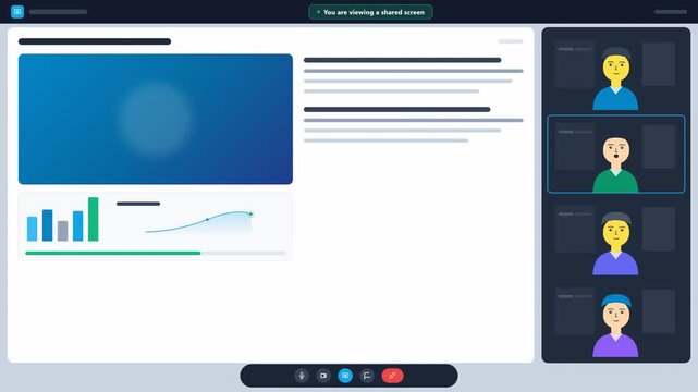 Online meeting interface with screen sharing and data visualization. 4K Video