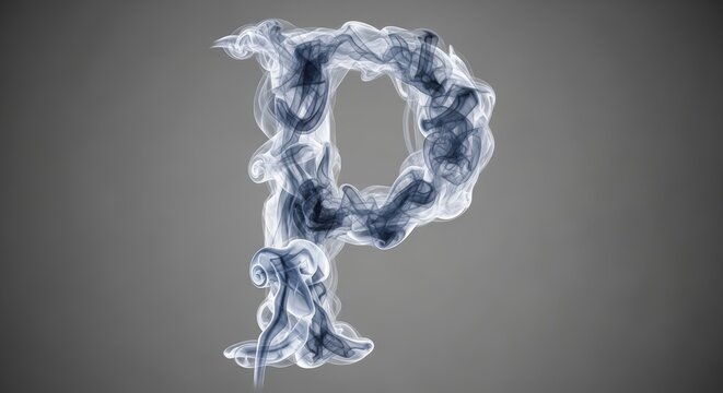 The capital letter P formed from intricate and wispy blue smoke against a solid grey background.