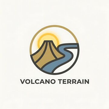 Volcano terrain badge icon with sun and winding river through landscape nature emblem outdoor graphic volcano illustration adventure logo terrain symbol illustration mountain sunshine