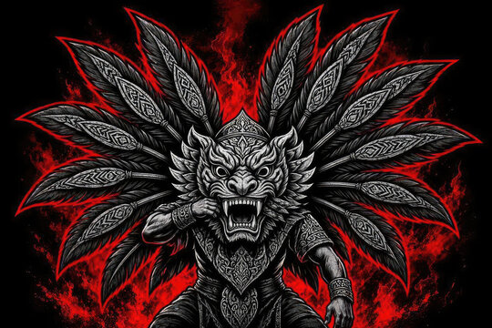 Fierce Reog Ponorogo Singa Barong Metal T-Shirt Vector Illustration