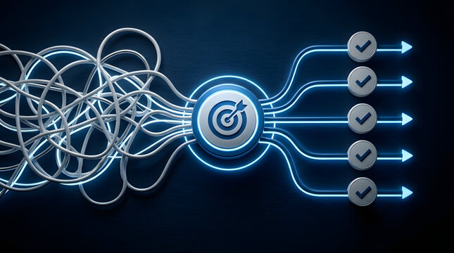 Tangled Thread Data Flow Passing Through a Filter into Structured Workflow Paths with Arrows and Target Goal, Symbolizing Information Simplification