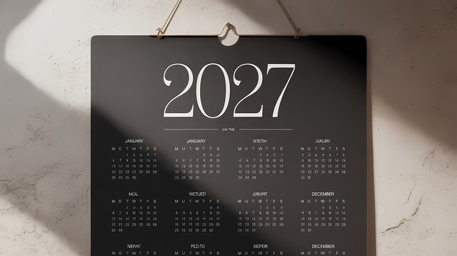 Minimalist black wall calendar for the year 2027 hanging against a textured wall