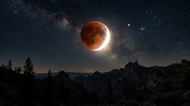 Total Lunar Eclipse and Milky Way Over Mountain Landscape