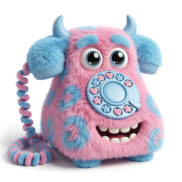 Cute 3D Fluffy Monster Telephone with Pink and Blue Fur, Horns, and Smiling Face Isolated on White Background