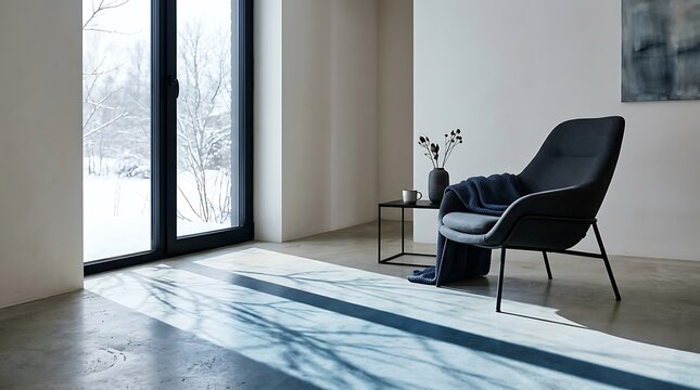 Minimalist Modern Interior with Cozy Armchair and Winter View