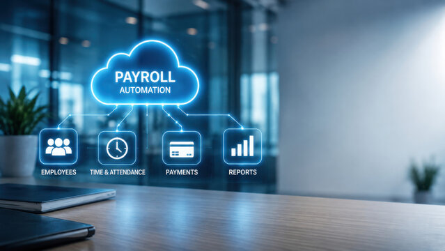 Cloud based payroll automation software system displaying HR management features on digital dashboard in modern corporate office