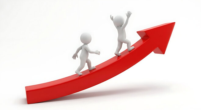 Two stylized human figures are climbing a bright red arrow representing growth progress success and collaborative teamwork in a simple environment